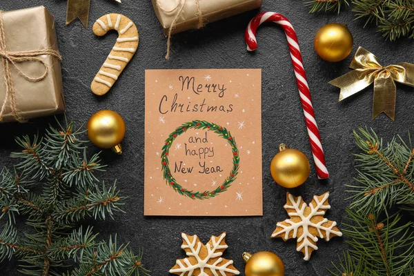 Decor Greeting Card Text Merry Christmas Happy New Year Black — Stock Photo, Image