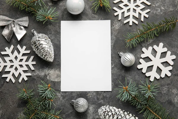 Blank Card Christmas Decor Fir Branches Grunge Background — Stock Photo, Image