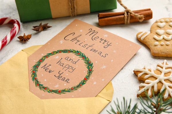 Cartão Saudação Com Texto Merry Christmas Happy Ano Novo Envelope — Fotografia de Stock