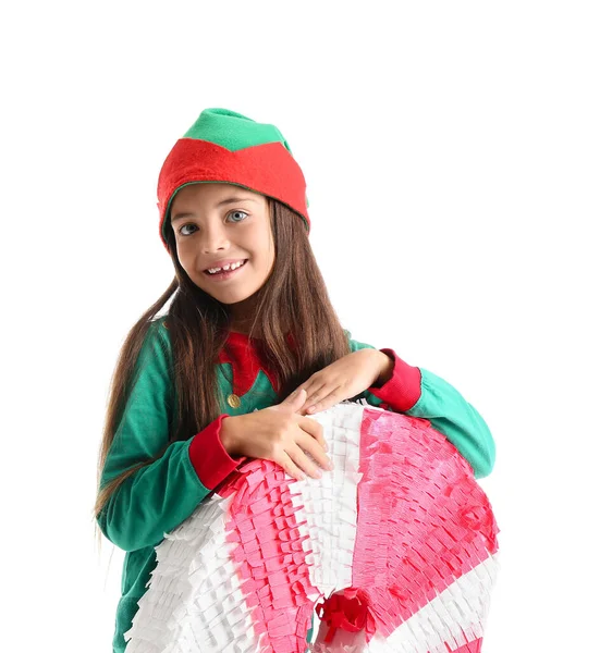 Little Girl Dressed Elf Candy Cane Pinata White Background — Stock Photo, Image