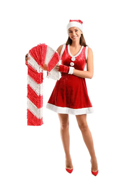 Hermosa Mujer Vestida Santa Con Piñata Bastón Caramelo Sobre Fondo — Foto de Stock