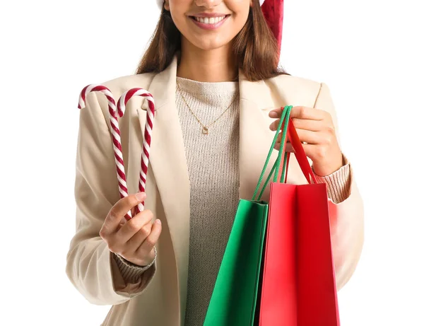 Beautiful Woman Candy Canes Shopping Bags White Background — Stock Photo, Image