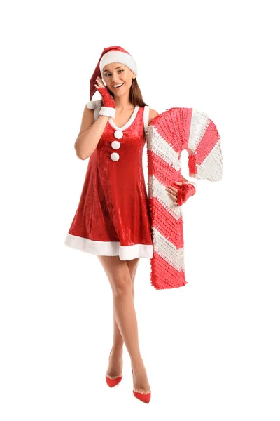 Hermosa Mujer Vestida Santa Con Piñata Bastón Caramelo Sobre Fondo — Foto de Stock