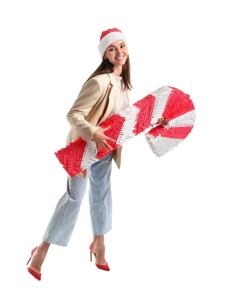 Hermosa Mujer Sombrero Santa Con Piñata Bastón Caramelo Sobre Fondo — Foto de Stock