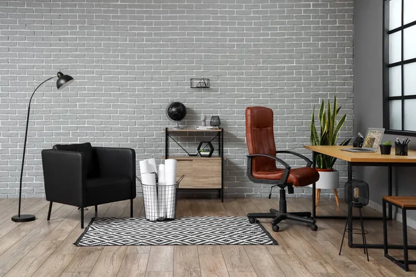 Interior Stylish Room Modern Workplace Brick Wall — Stock Photo, Image