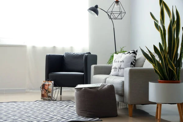 Interieur Des Stilvollen Wohnzimmers Mit Modernem Sessel Und Sofa — Stockfoto