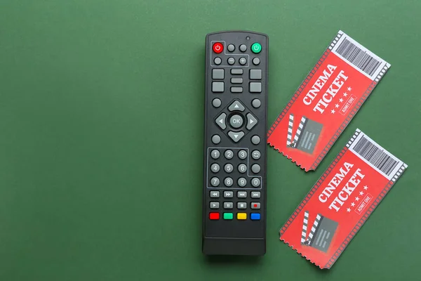 Modern Remote Control Cinema Tickets Color Background — Stock Photo, Image