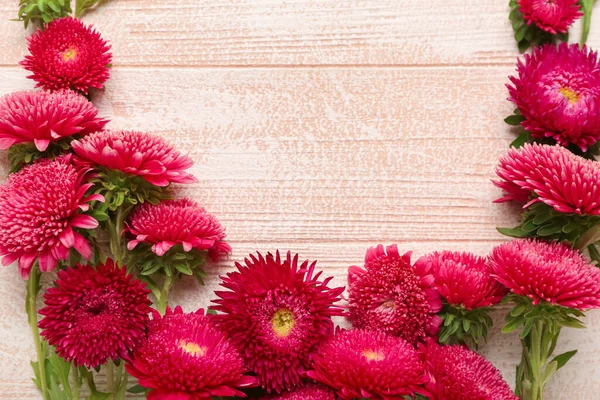 Beautiful Aster Flowers Light Wooden Background Closeup — Stock Photo, Image