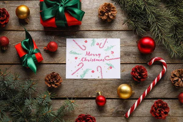 Ευχετήρια Κάρτα Κείμενο Καλά Χριστούγεννα Κλαδιά Έλατου Μπάλες Χριστουγέννων Και — Φωτογραφία Αρχείου