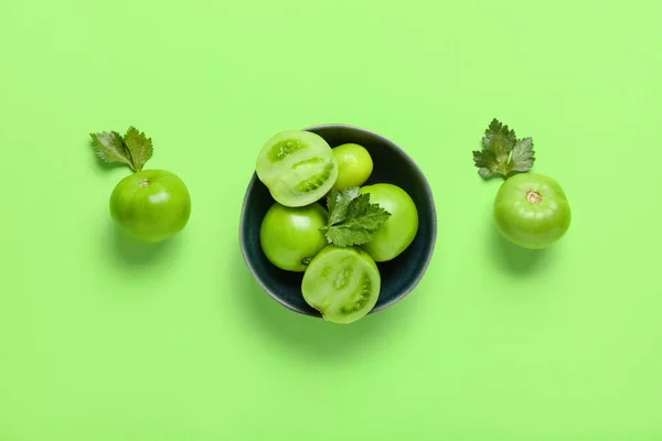 Bowl Fresh Green Tomatoes Color Background — Stock Photo, Image