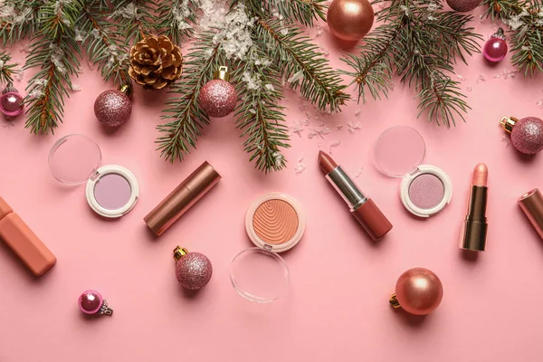 Fir Tree Branch Christmas Balls Makeup Cosmetics Color Background — Stock Photo, Image