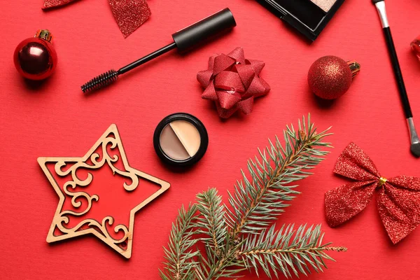 Fir Tree Branch Christmas Decor Makeup Cosmetics Color Background — Stock Photo, Image