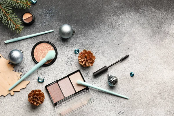 Makeup Cosmetics Christmas Decor Fir Branch Grey Background — Stock Photo, Image