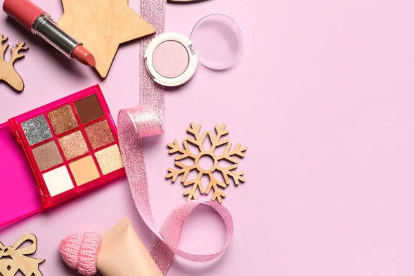 Makeup Cosmetics Christmas Decor Pink Background — Stock Photo, Image
