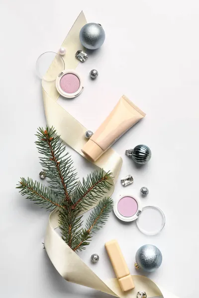 Makeup Cosmetics Christmas Decor Fir Branch White Background — Stock Photo, Image