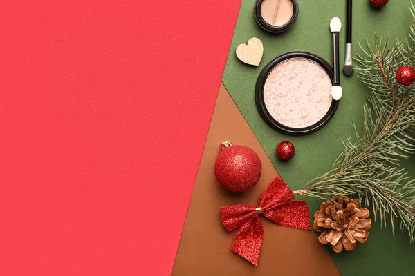 Makeup Cosmetics Christmas Decor Fir Branch Color Background — Stock Photo, Image