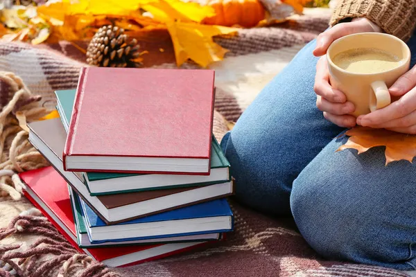 Woman Cup Coffee Sitting Plaid Stack Books Autumn Park — Stock Photo, Image