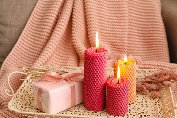Tray Burning Candles Gift Box Sofa — Stock Photo, Image