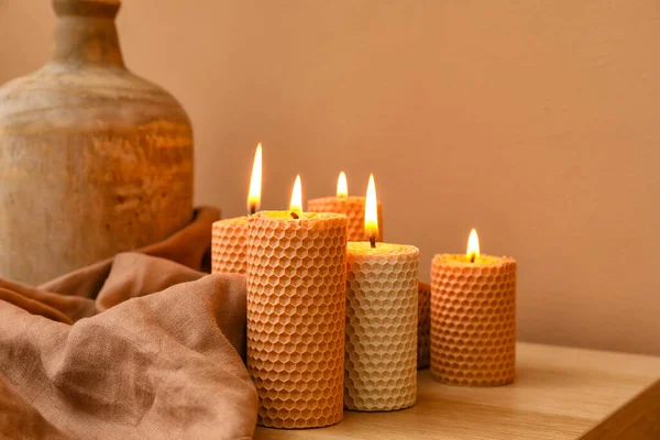 Beautiful Burning Candles Vase Table Color Wall — Stock Photo, Image