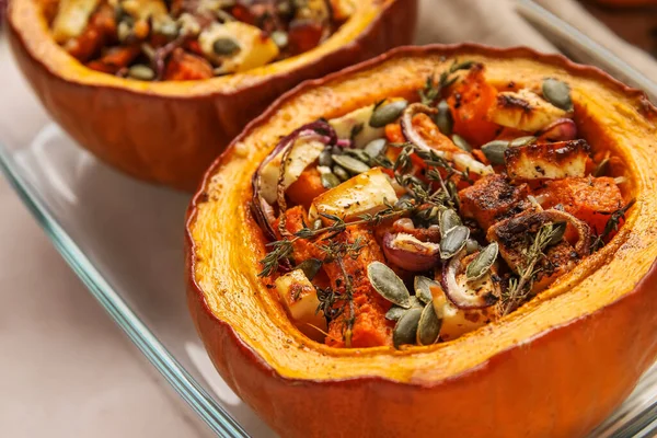 Baking Dish Tasty Stuffed Pumpkins Light Background Closeup — Stock Photo, Image