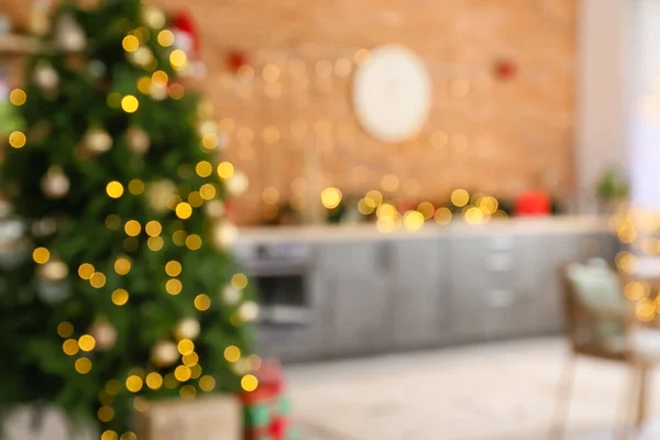 Vista Borrosa Cocina Decorada Para Navidad —  Fotos de Stock