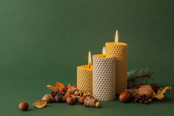 Burning Candles Autumn Decor Color Background — Stock Photo, Image