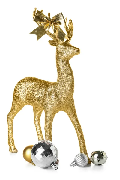 Gouden Rendieren Met Strik Kerstballen Witte Achtergrond — Stockfoto