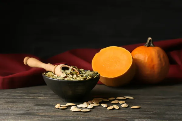 Bowl Pumpkin Seeds Wooden Background — Stock Photo, Image