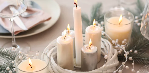 Beautiful Table Setting Candles Christmas Dinner — Stock Photo, Image