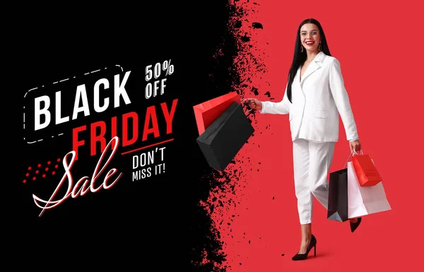 Vacker Ung Kvinna Med Shoppingväskor Black Friday Försäljning — Stockfoto