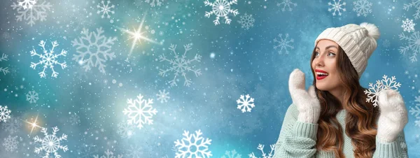 Surprised Woman Beautiful Snowflakes Color Background Space Text — Stock Photo, Image