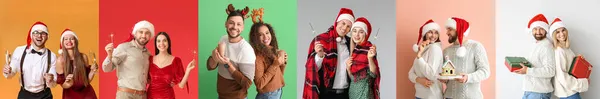 Glada Par Firar Jul Färg Bakgrund — Stockfoto