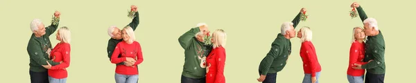 Зрелая Пара Рождественской Одежде Веткой Омелы Цветном Фоне — стоковое фото