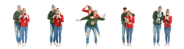 Gelukkig Paar Kerst Truien Witte Achtergrond — Stockfoto