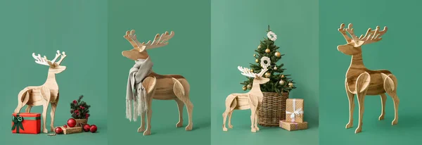 Set Wooden Reindeer Christmas Decorations Green Background — Stock Photo, Image