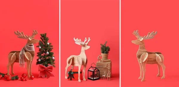 Set Wooden Reindeer Christmas Decorations Red Background — Stock Photo, Image