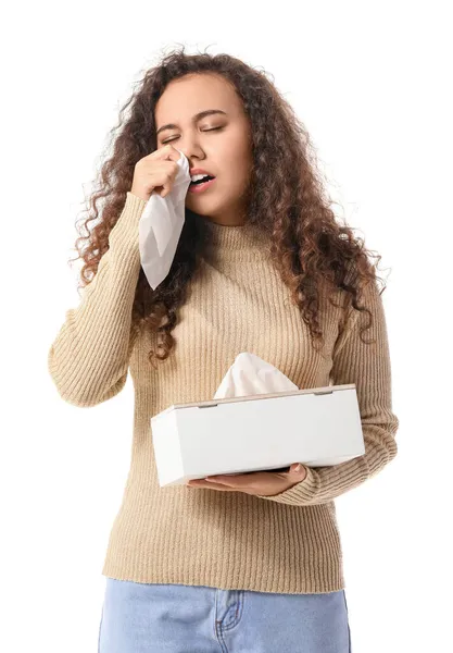 African American Woman Ill Flu Using Tissues White Background — Stock Photo, Image