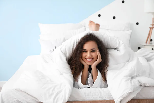 Morning Young Woman Lying Bed — Stock Photo, Image