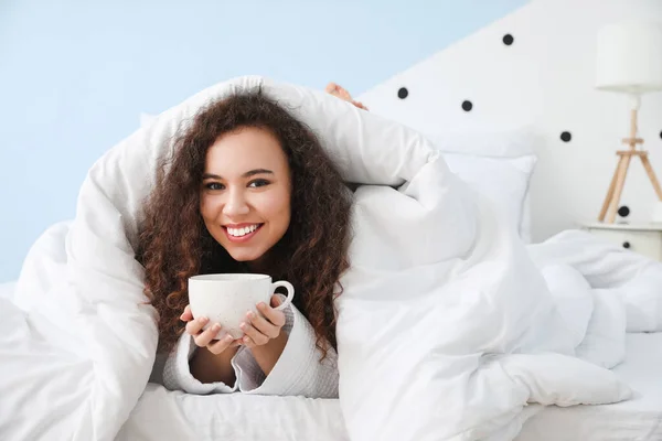 Morning Young Woman Drinking Tea Bed — Stock Photo, Image