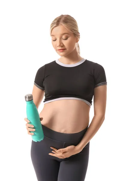 Junge Schwangere Frau Mit Flasche Wasser Auf Weißem Hintergrund — Stockfoto