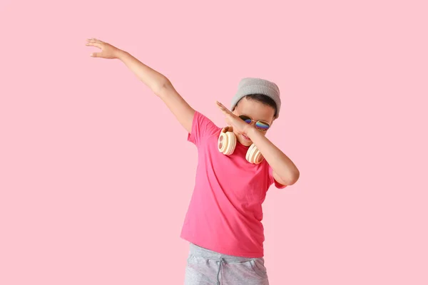 Cool Dancing Little Boy Headphones Color Background — Stock Photo, Image