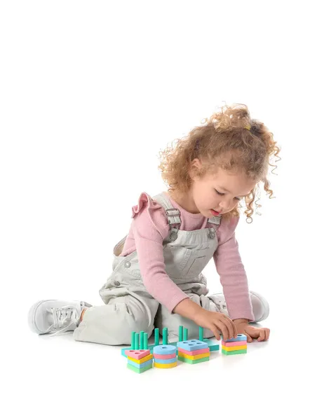 Cute Baby Girl Playing Toys White Background — Stock Photo, Image