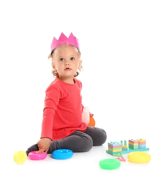 Cute Baby Girl Playing Toys White Background — Stock Photo, Image