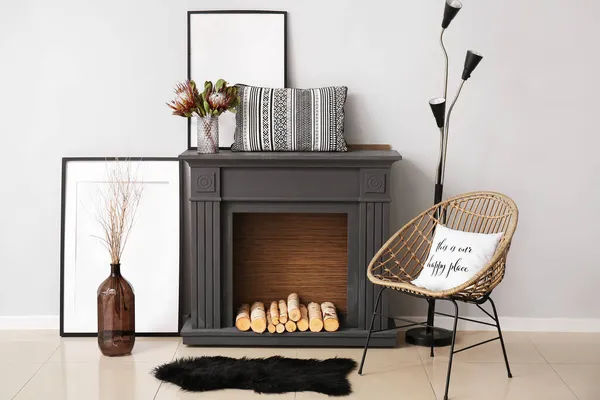 Stylish Interior Fireplace Blank Picture Frames — Stock Photo, Image