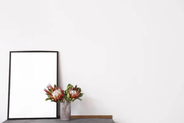 Dry Flowers Vase Blank Picture Frame Light Wall Background — Stock Photo, Image