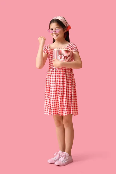 Cute Girl Bucket Popcorn Pink Background — Stock Photo, Image