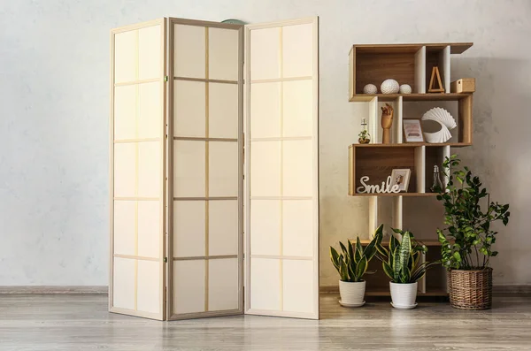 Stylish Folding Screen Shelves Houseplants Room Interior — Stock Photo, Image