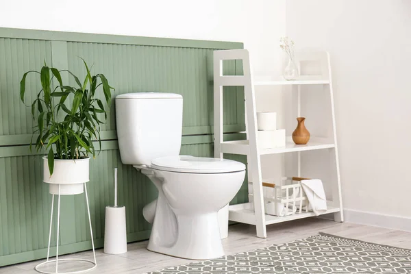 Toilet Bowl Houseplant Shelving Unit Bathroom Accessories Wall — Stock Photo, Image