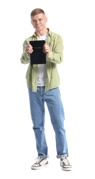 Joven Guapo Con Santa Biblia Sobre Fondo Blanco — Foto de Stock