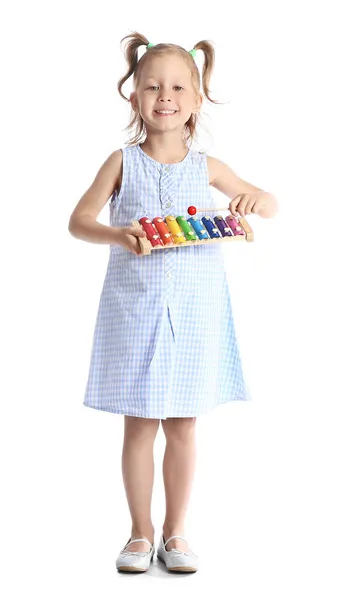 Adorable Little Girl Xylophone White Background — Stock Photo, Image